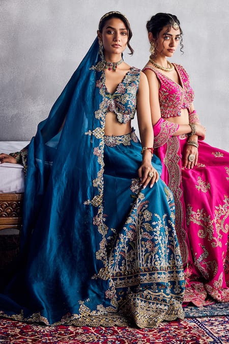 Buy Aman Takyar Blue Organza Embroidery V-neck Deep Ocean Classic Lehenga Set Buy_Aman Takyar_Blue Organza Embroidery V-neck Deep Ocean Classic Lehenga Set