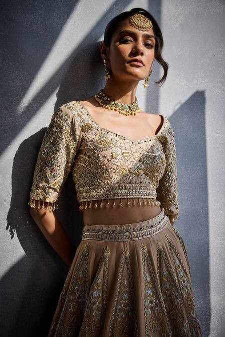 Aman Takyar_Beige Sequins, Embroidery Square Neck Classic Lehenga Set _Online_at_Aza_Fashions