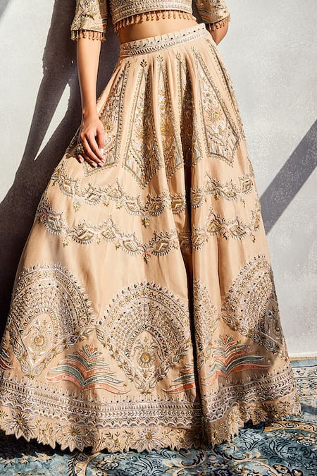 Buy_Aman Takyar_Beige Sequins, Embroidery Square Neck Classic Lehenga Set _Online_at_Aza_Fashions