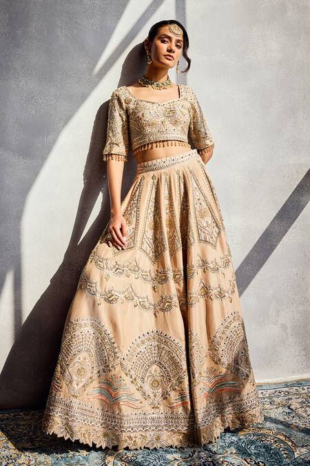 Shop_Aman Takyar_Beige Sequins, Embroidery Square Neck Classic Lehenga Set _Online_at_Aza_Fashions