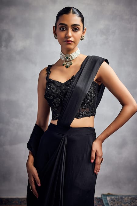 Aman Takyar_Black Silk, Georgette Embroidery Sweetheart Neck Pre-draped Saree Set _Online_at_Aza_Fashions