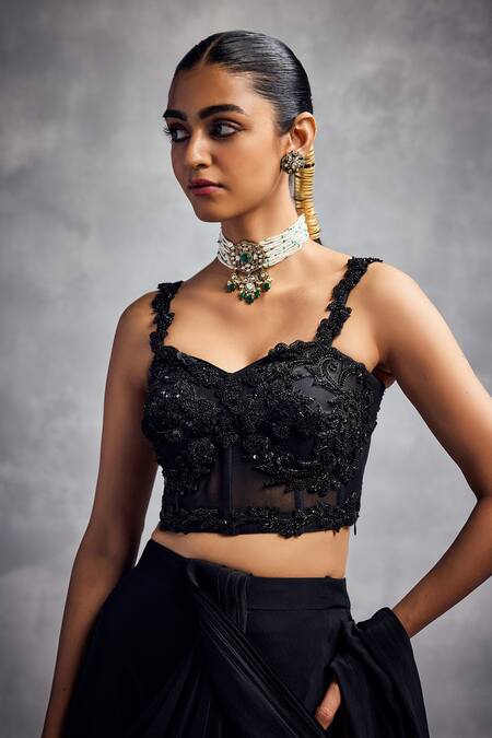 Buy_Aman Takyar_Black Silk, Georgette Embroidery Sweetheart Neck Pre-draped Saree Set _Online_at_Aza_Fashions