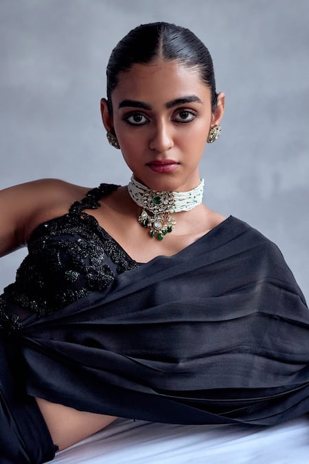 Shop_Aman Takyar_Black Silk, Georgette Embroidery Sweetheart Neck Pre-draped Saree Set _Online_at_Aza_Fashions