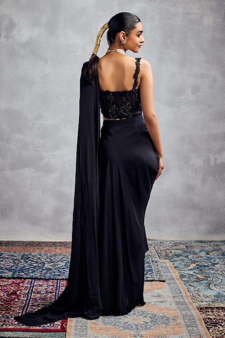 Aman Takyar Black Silk Georgette Pre-Draped Saree Set 