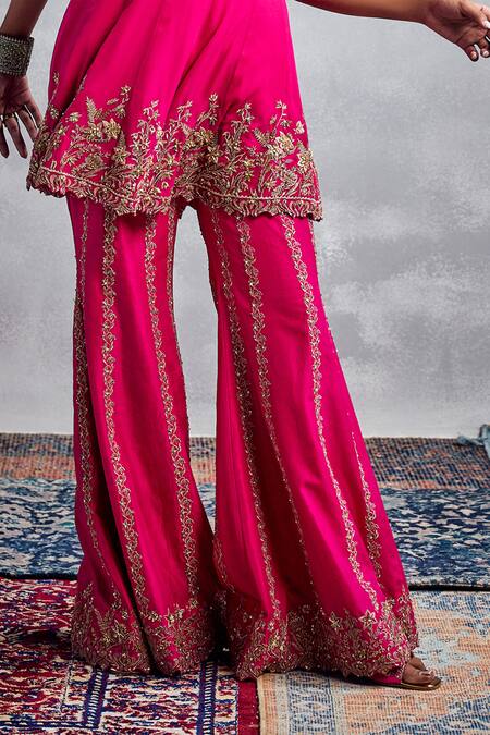 Buy_Aman Takyar_Fuchsia Silk, Georgette Embroidery One Shoulder Fuschia Pink Tunic Pant Set _Online_at_Aza_Fashions