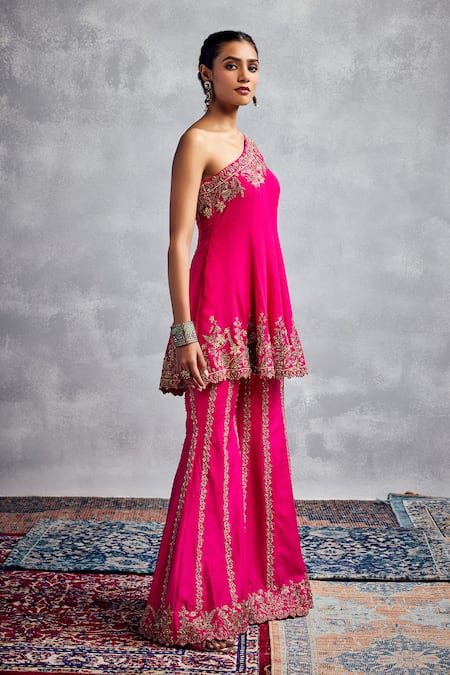 Shop_Aman Takyar_Fuchsia Silk, Georgette Embroidery One Shoulder Fuschia Pink Tunic Pant Set _Online_at_Aza_Fashions