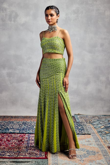 Aman Takyar Lime Green Silk Georgette Fusion Lehenga 