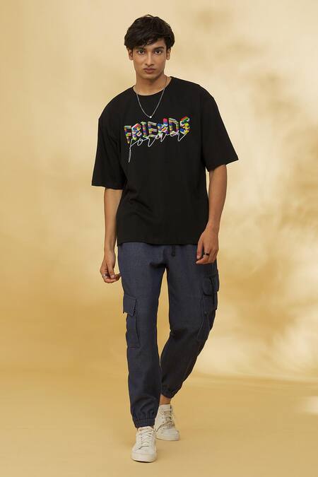 Theorem Black Cotton Friends Forever Oversized T-shirt Online at Aza Fashions Theorem_Black Cotton Friends Forever Oversized T-shirt _Online_at_Aza_Fashions