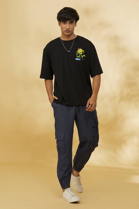 Theorem_Black Cotton Tadpole Printed T-shirt _Online_at_Aza_Fashions