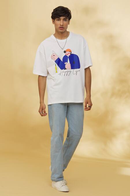 Theorem_White Cotton Happy Life Graphic T-shirt _Online_at_Aza_Fashions