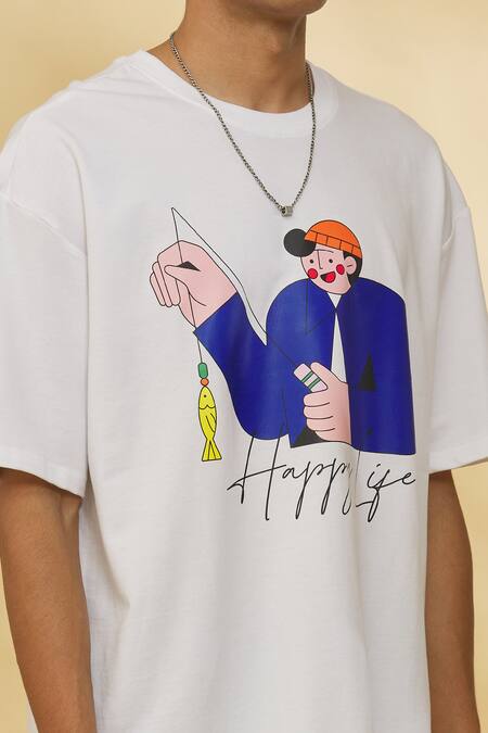 Buy_Theorem_White Cotton Happy Life Graphic T-shirt _Online_at_Aza_Fashions