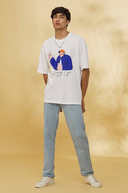 Shop_Theorem_White Cotton Happy Life Graphic T-shirt _Online_at_Aza_Fashions