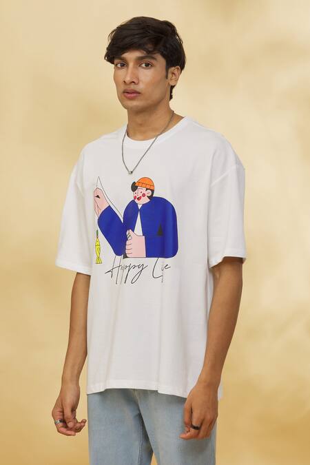 Theorem_White Cotton Happy Life Graphic T-shirt _at_Aza_Fashions