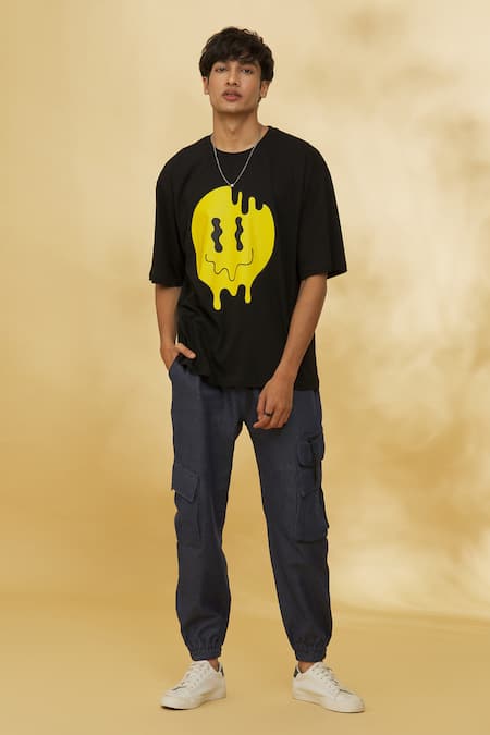 Shop_Theorem_Black Cotton Melted Smiley Graphic T-shirt _Online_at_Aza_Fashions