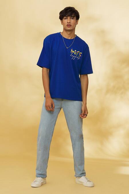 Theorem_Blue Cotton Designer Life Happens T-shirt _Online_at_Aza_Fashions