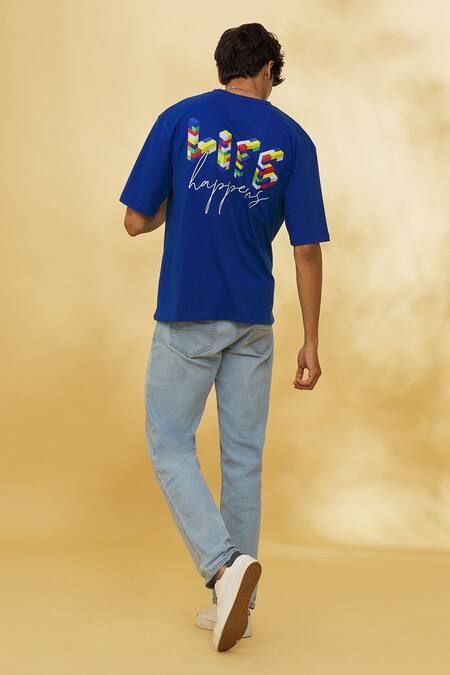 Buy_Theorem_Blue Cotton Designer Life Happens T-shirt _Online_at_Aza_Fashions