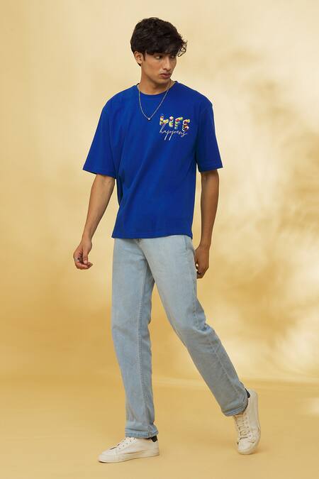 Shop_Theorem_Blue Cotton Designer Life Happens T-shirt _Online_at_Aza_Fashions