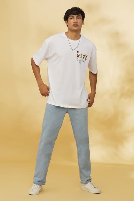 Theorem_White Cotton Life Happens Printed T-shirt _Online_at_Aza_Fashions