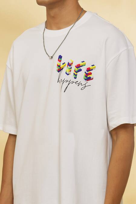 Theorem_White Cotton Life Happens Printed T-shirt _at_Aza_Fashions