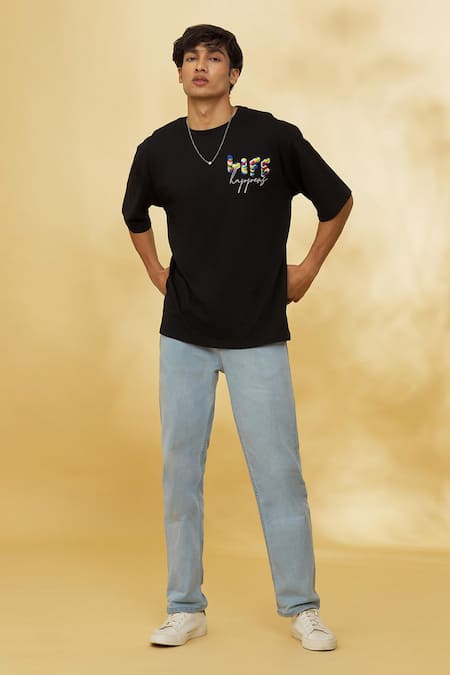 Theorem Black Cotton Life Happens T-shirt Online at Aza Fashions Theorem_Black Cotton Life Happens T-shirt _Online_at_Aza_Fashions