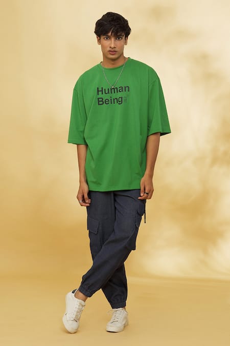 Shop_Theorem_Green Cotton Human Being Printed T-shirt _Online_at_Aza_Fashions