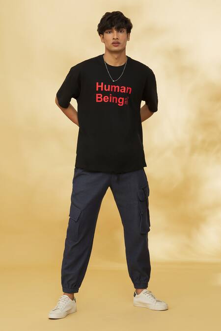 Buy_Theorem_Black Cotton Human Being Printed T-shirt _Online_at_Aza_Fashions