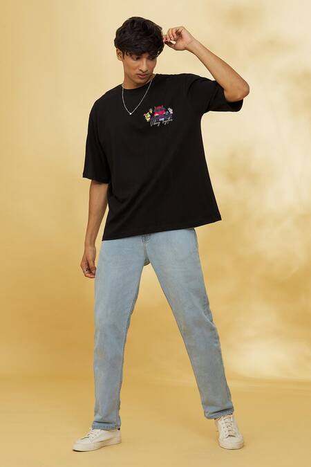 Theorem_Black Cotton Vibing Together Designer T-shirt _Online_at_Aza_Fashions