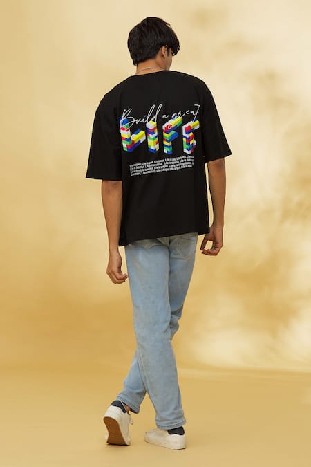 Shop_Theorem_Black Cotton Build A Great Life T-shirt _Online_at_Aza_Fashions