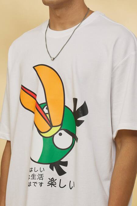 Theorem_White Cotton Angry Bird Printed T-shirt _Online_at_Aza_Fashions