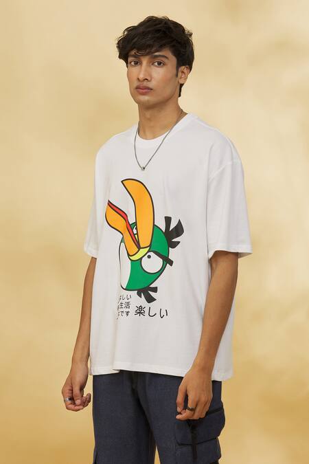 Theorem_White Cotton Angry Bird Printed T-shirt _at_Aza_Fashions