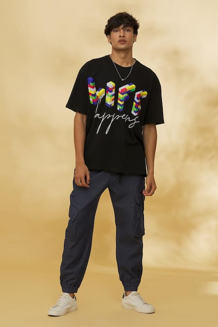 Theorem_Black Cotton Life Happens Big T-shirt _Online_at_Aza_Fashions