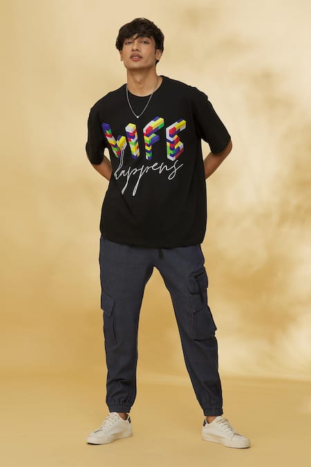 Buy_Theorem_Black Cotton Life Happens Big T-shirt _Online_at_Aza_Fashions