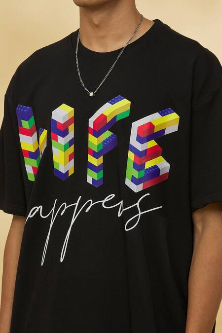 Theorem_Black Cotton Life Happens Big T-shirt _at_Aza_Fashions