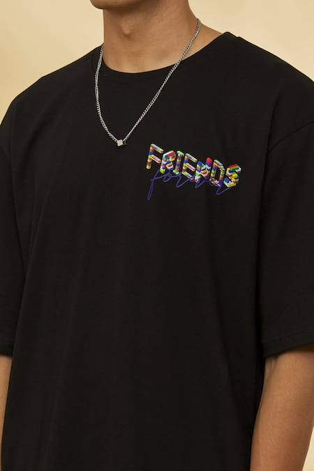 Theorem_Black Cotton Designer Friends Forever T-shirt _at_Aza_Fashions