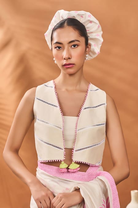 Masaba Ivory Chanderi Tassels Round Neck Printed Saree Set Online at Aza Fashions Masaba_Ivory Chanderi Tassels Round Neck Printed Saree Set _Online_at_Aza_Fashions