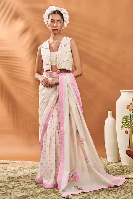 Masaba Ivory Chanderi Tassels Round Neck Printed Saree Set at Aza Fashions Masaba_Ivory Chanderi Tassels Round Neck Printed Saree Set _at_Aza_Fashions