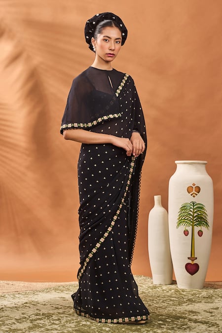 Masaba_Black Georgette Cut Work Printed Saree Set With Cape _Online_at_Aza_Fashions