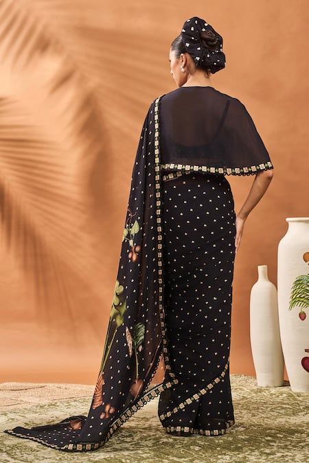 Masaba Printed Black Georgette Saree Set With Cape 