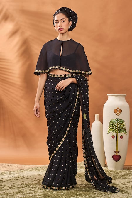 Buy_Masaba_Black Georgette Cut Work Printed Saree Set With Cape _Online_at_Aza_Fashions