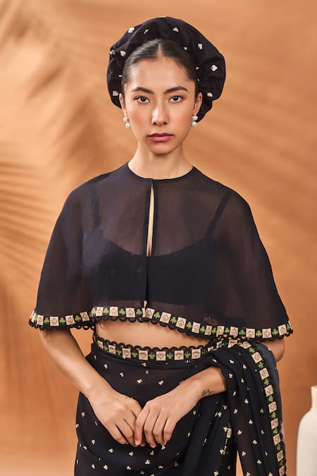 Shop_Masaba_Black Georgette Cut Work Printed Saree Set With Cape _Online_at_Aza_Fashions