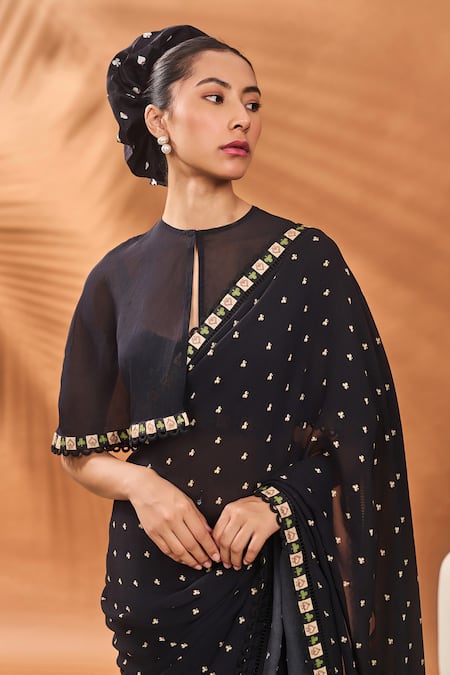 Masaba_Black Georgette Cut Work Printed Saree Set With Cape _at_Aza_Fashions