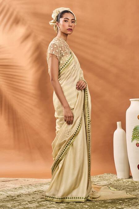 Masaba Sapphire Embroidery Printed Raw Silk Saree With Unstitched Blouse Piece Online at Aza Fashions Masaba_Sapphire Embroidery Printed Raw Silk Saree With Unstitched Blouse Piece _Online_at_Aza_Fashions