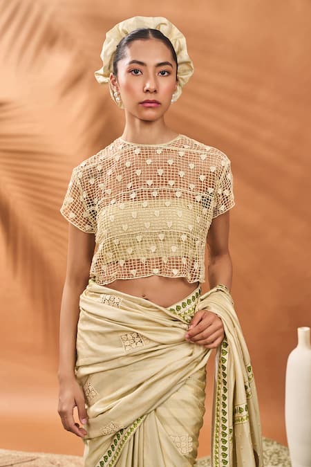 Shop Masaba Sapphire Embroidery Printed Raw Silk Saree With Unstitched Blouse Piece Online at Aza Fashions Shop_Masaba_Sapphire Embroidery Printed Raw Silk Saree With Unstitched Blouse Piece _Online_at_Aza_Fashions