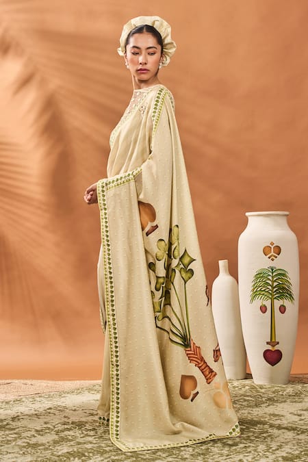 Masaba Sapphire Embroidery Printed Raw Silk Saree With Unstitched Blouse Piece at Aza Fashions Masaba_Sapphire Embroidery Printed Raw Silk Saree With Unstitched Blouse Piece _at_Aza_Fashions