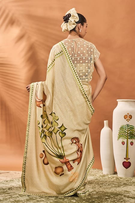 Shop Masaba Sapphire Embroidery Printed Raw Silk Saree With Unstitched Blouse Piece at Aza Fashions Shop_Masaba_Sapphire Embroidery Printed Raw Silk Saree With Unstitched Blouse Piece _at_Aza_Fashions