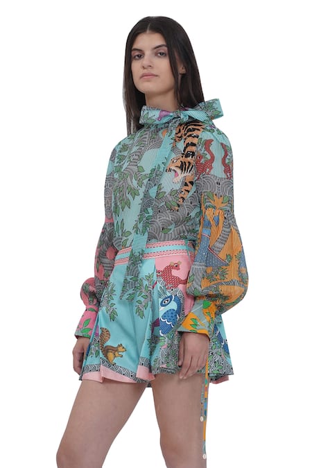 Limerick By Abirr N' Nanki_Blue Satin Scallop Textured Shorts _Online_at_Aza_Fashions