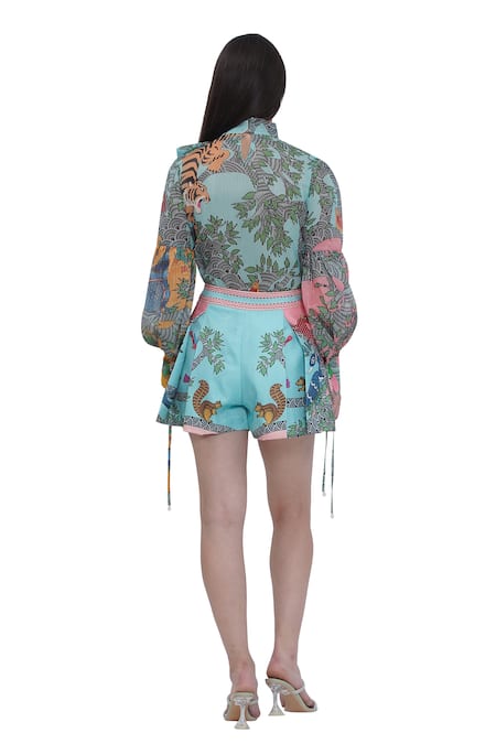 Limerick By Abirr N' Nanki Blue Scallop Textured Satin Shorts 