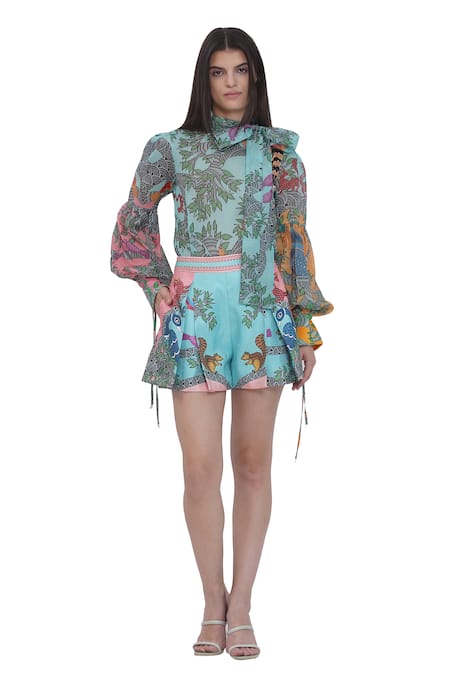 Shop_Limerick By Abirr N' Nanki_Blue Satin Scallop Textured Shorts _Online_at_Aza_Fashions