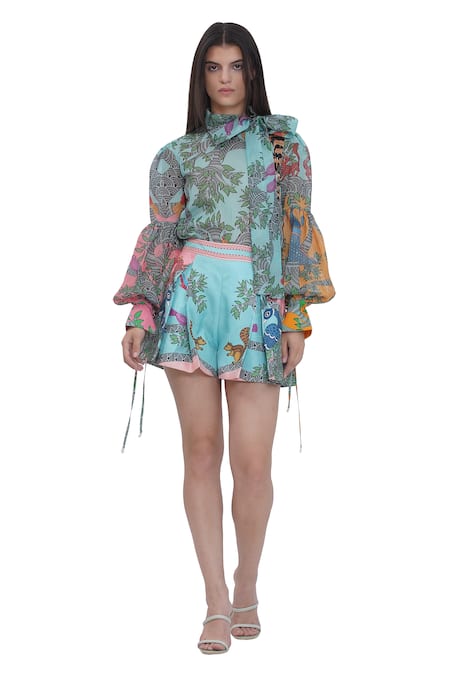 Limerick By Abirr N' Nanki_Blue Satin Scallop Textured Shorts _at_Aza_Fashions