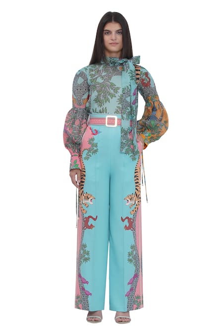 Limerick By Abirr N' Nanki Blue Embroidery Designer Printed Pants With Belt Online at Aza Fashions Limerick By Abirr N' Nanki_Blue Embroidery Designer Printed Pants With Belt _Online_at_Aza_Fashions